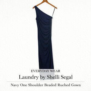 Laundry Shelli Segal Navy One Shoulder Beaded Ruched Gown 6